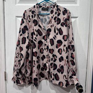 Animal Print Ruffle Neck & Sleeve Button Down Blouse